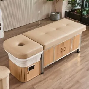 Headspa Tokio cama de tratamiento en madera con apertura facial y taburete a juego